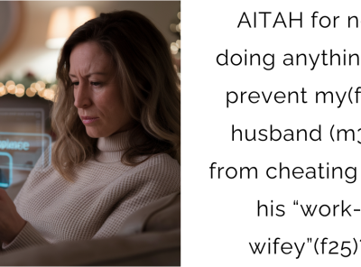 AITAH for not doing anything to prevent my(f35) husband (m35) from cheating with his “work-wifey”(f25)?