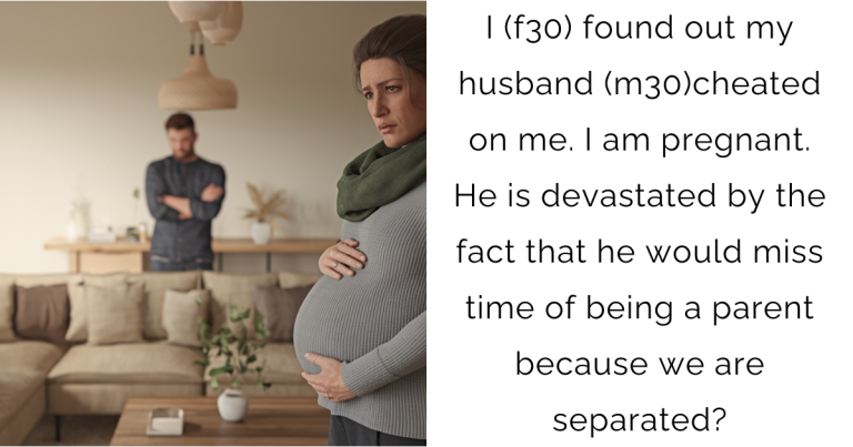 I (f30) found out my husband (m30)cheated on me. I am pregnant. He is devastated by the fact that he would miss time of being a parent because we are separated?