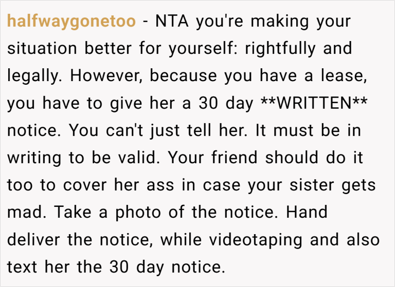 AITA for giving my sister 30 days notice per the rental agreement she gave me?