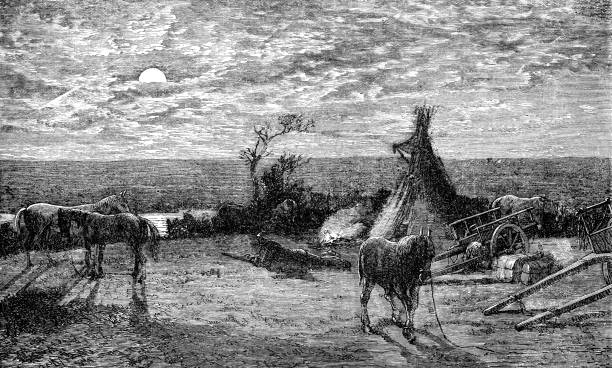 A camp on the prairies of Alberta, Canada. Vintage etching circa 19th century.