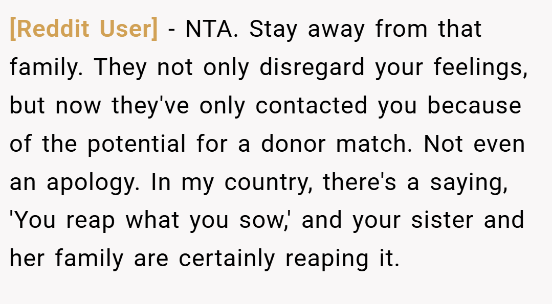 [Reddit User] − NTA. Stay away from that family. They not only disregard your feelings, but now they've only contacted you because of the potential for a donor match. Not even an apology. In my country, there's a saying, 'You reap what you sow,' and your sister and her family are certainly reaping it.