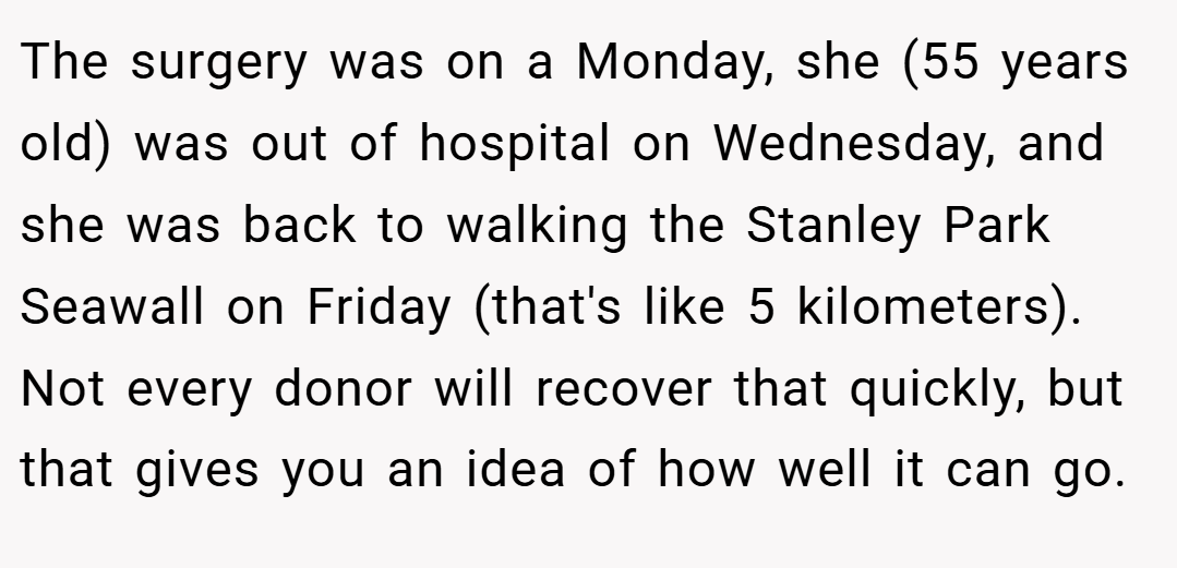 The surgery was on a Monday, she (55 years old) was out of hospital on Wednesday, and she was back to walking the Stanley Park Seawall on Friday (that's like 5 kilometers). Not every donor will recover that quickly, but that gives you an idea of how well it can go.