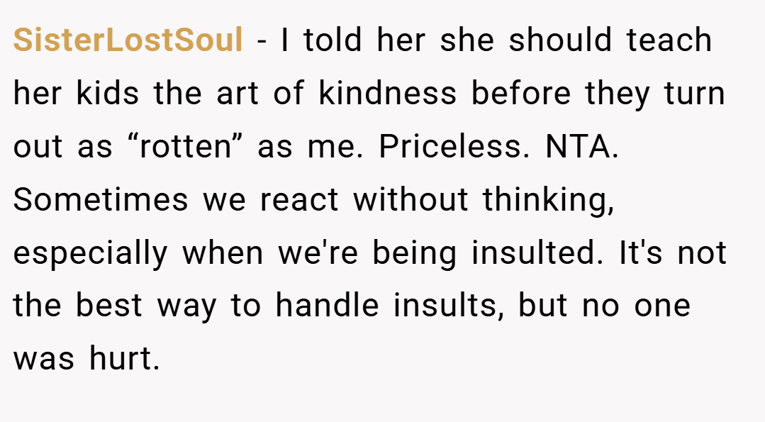 SisterLostSoul − I told her she should teach her kids the art of kindness before they turn out as “rotten” as me. Priceless. NTA. Sometimes we react without thinking, especially when we're being insulted. It's not the best way to handle insults, but no one was hurt.