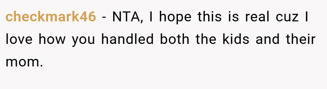 checkmark46 − NTA, I hope this is real cuz I love how you handled both the kids and their mom.