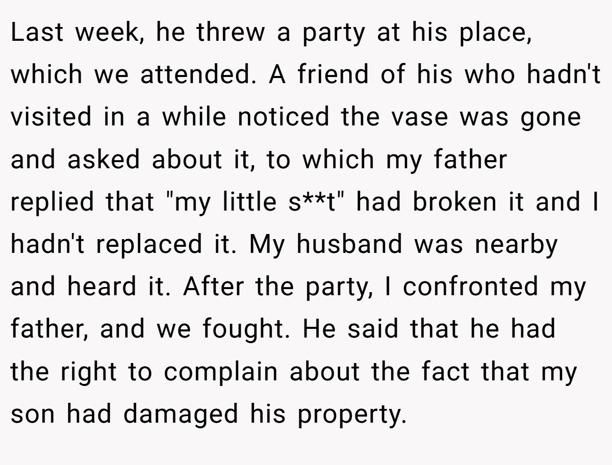 Last week, he threw a party at his place, which we attended. A friend of his who hadn't visited in a while noticed the vase was gone and asked about it, to which my father replied that "my little s**t" had broken it and I hadn't replaced it. My husband was nearby and heard it. After the party, I confronted my father, and we fought. He said that he had the right to complain about the fact that my son had damaged his property.