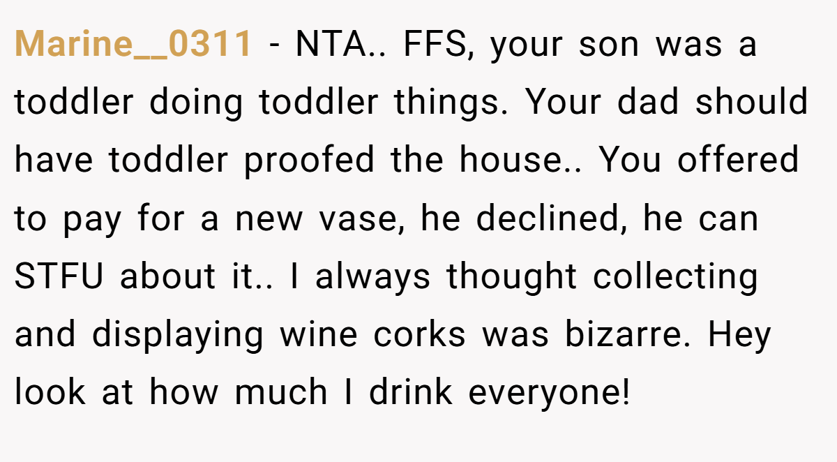 Marine__0311 − NTA.. FFS, your son was a toddler doing toddler things. Your dad should have toddler proofed the house.. You offered to pay for a new vase, he declined, he can STFU about it.. I always thought collecting and displaying wine corks was bizarre. Hey look at how much I drink everyone!