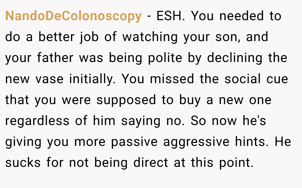NandoDeColonoscopy − ESH. You needed to do a better job of watching your son, and your father was being polite by declining the new vase initially. You missed the social cue that you were supposed to buy a new one regardless of him saying no. So now he's giving you more passive aggressive hints. He sucks for not being direct at this point.