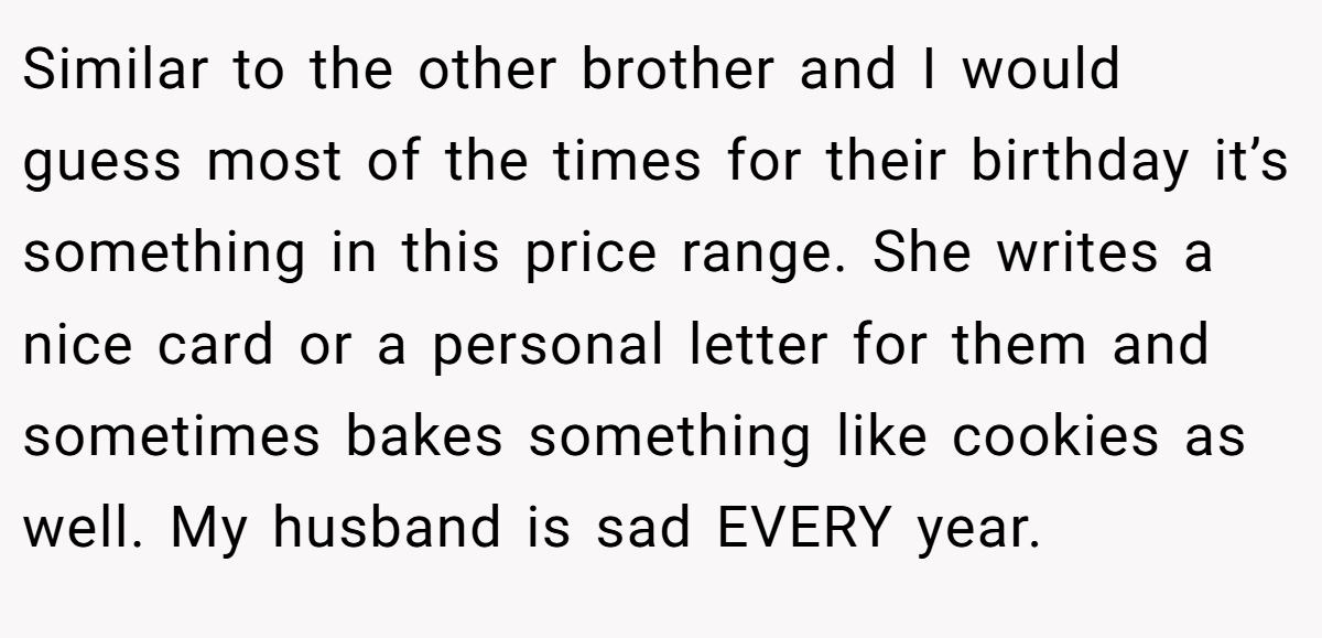 Similar to the other brother and I would guess most of the times for their birthday it’s something in this price range. She writes a nice card or a personal letter for them and sometimes bakes something like cookies as well. My husband is sad EVERY year.