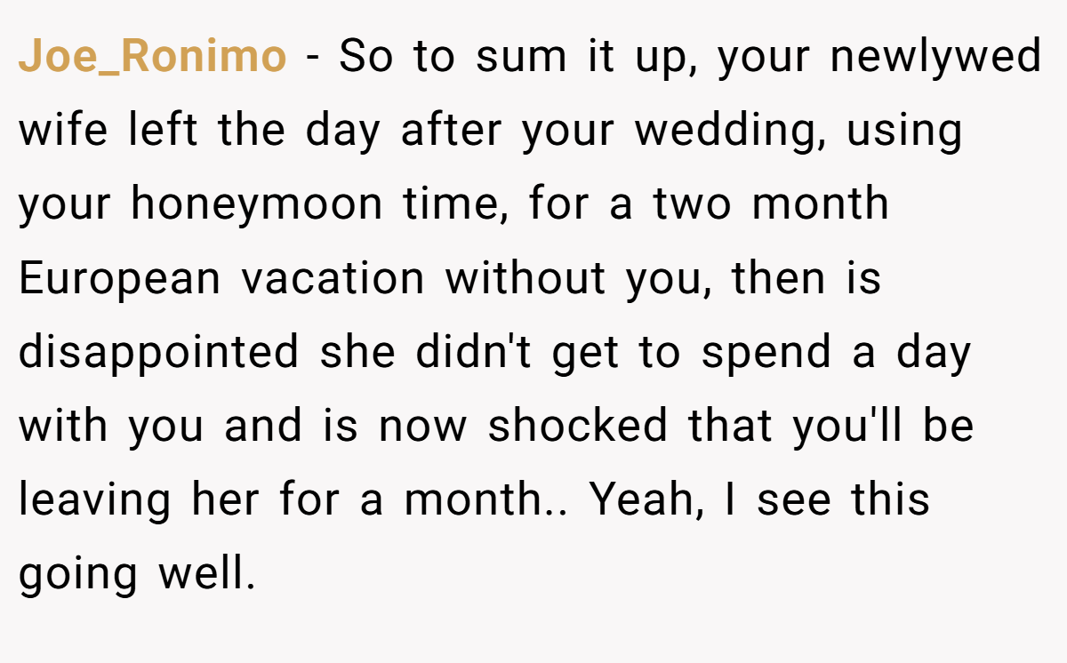 Joe_Ronimo − So to sum it up, your newlywed wife left the day after your wedding, using your honeymoon time, for a two month European vacation without you, then is disappointed she didn't get to spend a day with you and is now shocked that you'll be leaving her for a month.. Yeah, I see this going well.