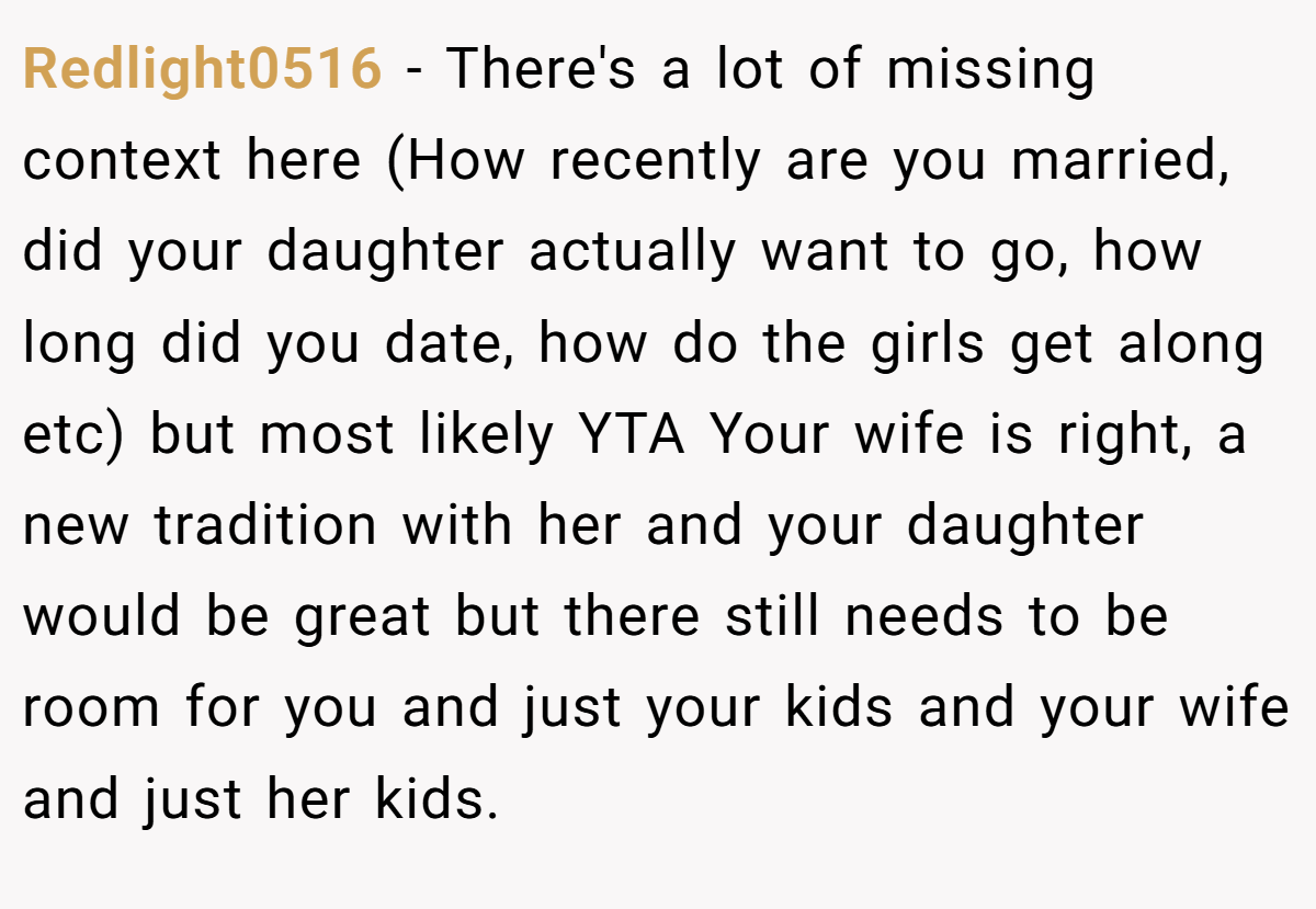 Redlight0516 − There's a lot of missing context here (How recently are you married, did your daughter actually want to go, how long did you date, how do the girls get along etc) but most likely YTA Your wife is right, a new tradition with her and your daughter would be great but there still needs to be room for you and just your kids and your wife and just her kids.