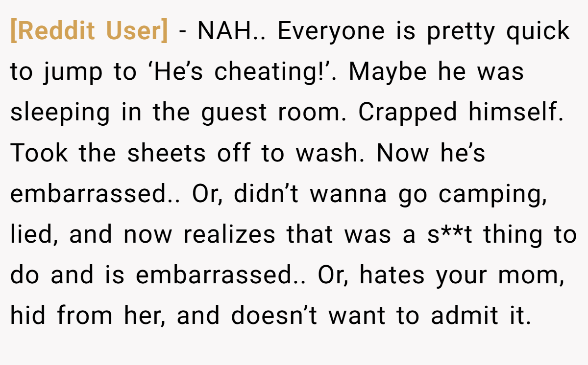 [Reddit User] − NAH.. Everyone is pretty quick to jump to ‘He’s cheating!’. Maybe he was sleeping in the guest room. Crapped himself. Took the sheets off to wash. Now he’s embarrassed.. Or, didn’t wanna go camping, lied, and now realizes that was a s**t thing to do and is embarrassed.. Or, hates your mom, hid from her, and doesn’t want to admit it.