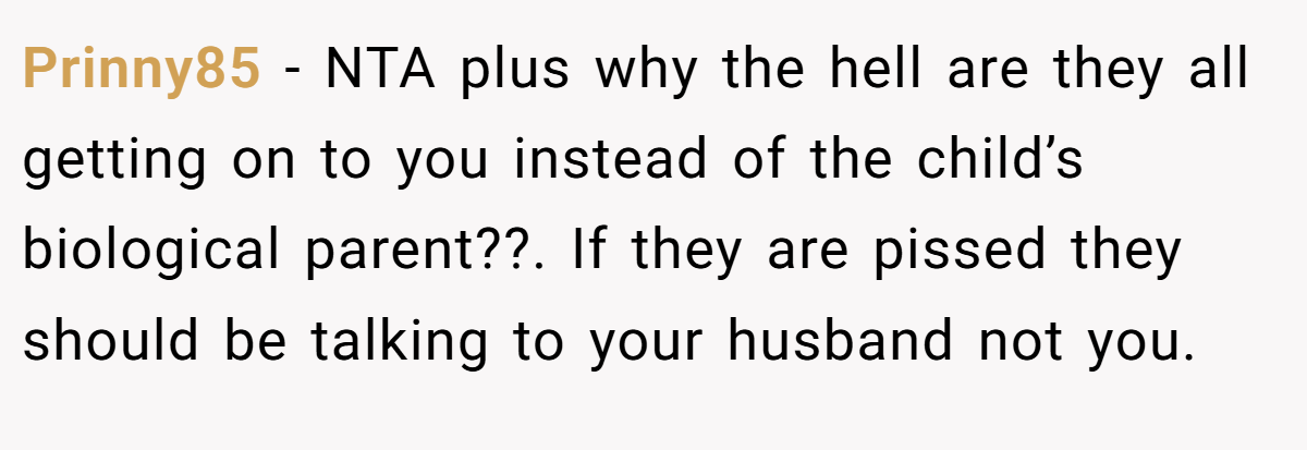 Prinny85 − NTA plus why the hell are they all getting on to you instead of the child’s biological parent??. If they are pissed they should be talking to your husband not you.