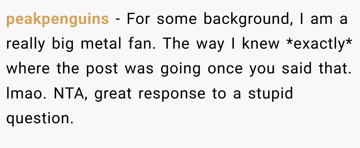 peakpenguins − For some background, I am a really big metal fan. The way I knew *exactly* where the post was going once you said that. lmao. NTA, great response to a stupid question.