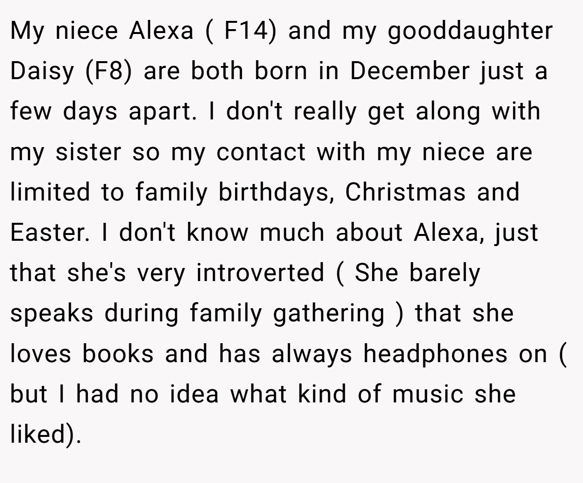 My niece Alexa ( F14) and my gooddaughter Daisy (F8) are both born in December just a few days apart. I don't really get along with my sister so my contact with my niece are limited to family birthdays, Christmas and Easter. I don't know much about Alexa, just that she's very introverted ( She barely speaks during family gathering ) that she loves books and has always headphones on ( but I had no idea what kind of music she liked).