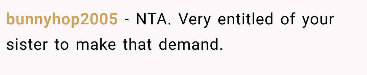 bunnyhop2005 −  NTA. Very entitled of your sister to make that demand.