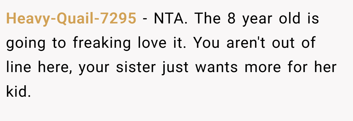 Heavy-Quail-7295 −  NTA. The 8 year old is going to freaking love it. You aren't out of line here, your sister just wants more for her kid.