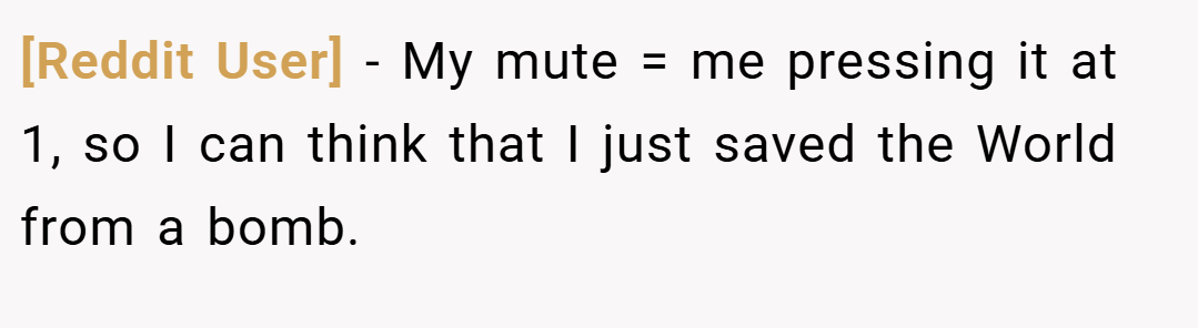 [Reddit User] − My mute = me pressing it at 1, so I can think that I just saved the World from a bomb.
