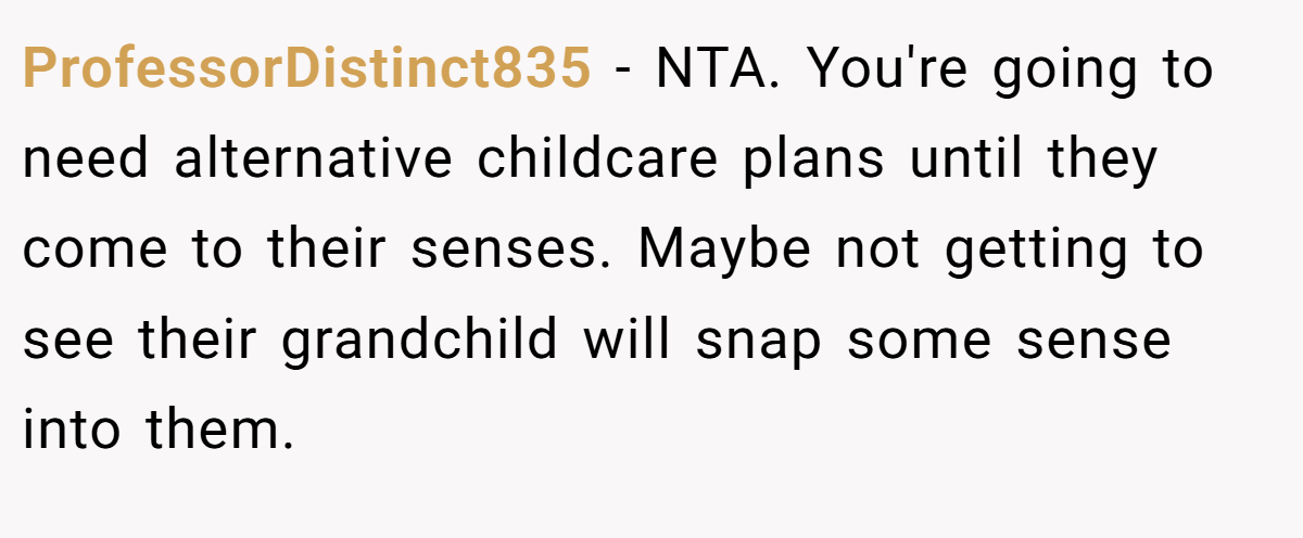 ProfessorDistinct835 − NTA. You're going to need alternative childcare plans until they come to their senses. Maybe not getting to see their grandchild will snap some sense into them.