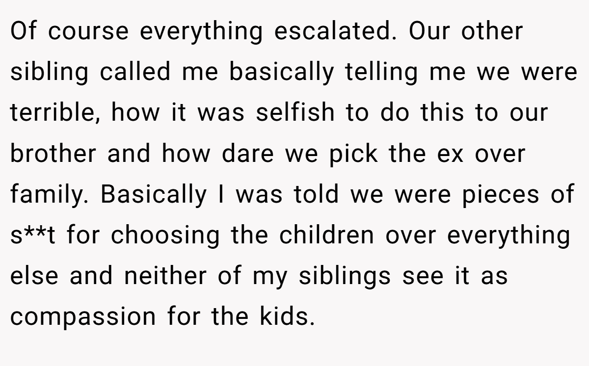 Of course everything escalated. Our other sibling called me basically telling me we were terrible, how it was selfish to do this to our brother and how dare we pick the ex over family. Basically I was told we were pieces of s**t for choosing the children over everything else and neither of my siblings see it as compassion for the kids.