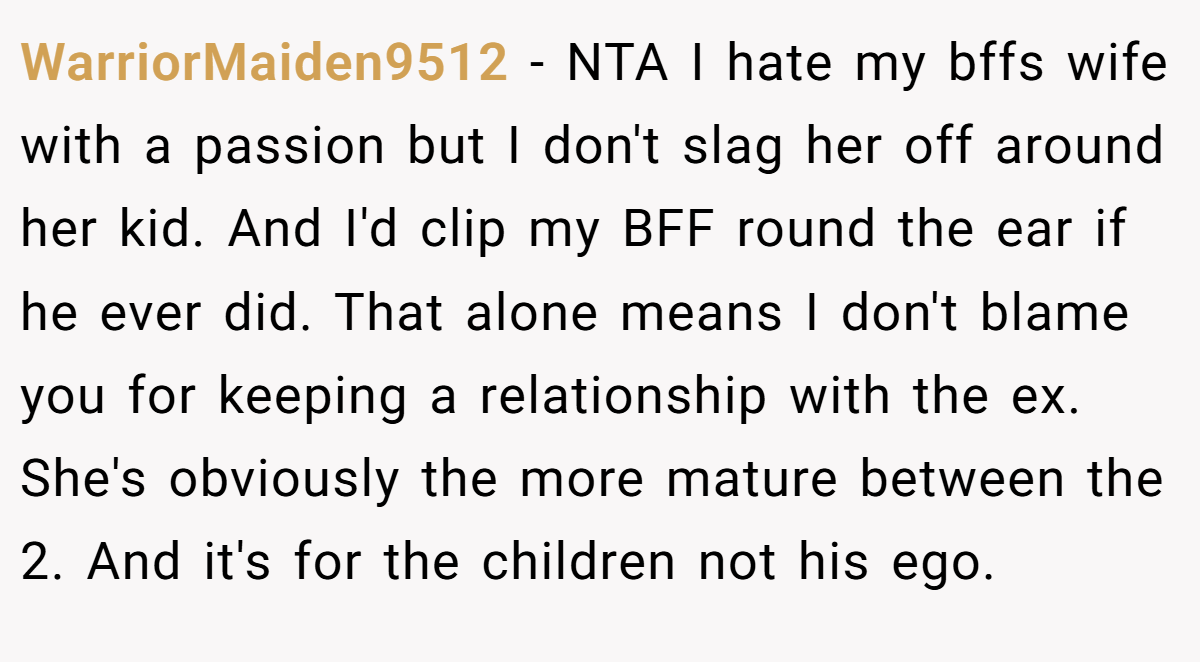 WarriorMaiden9512 − NTA I hate my bffs wife with a passion but I don't slag her off around her kid. And I'd clip my BFF round the ear if he ever did. That alone means I don't blame you for keeping a relationship with the ex. She's obviously the more mature between the 2. And it's for the children not his ego.