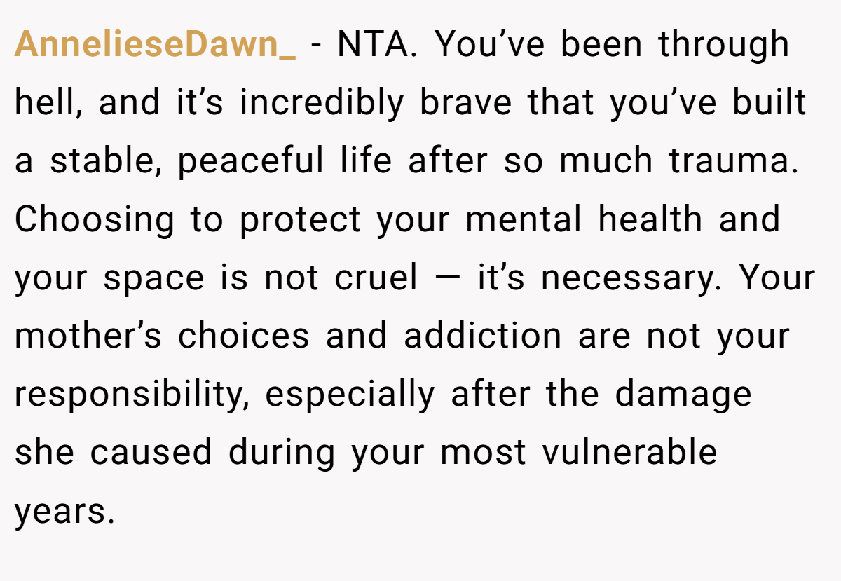 AnnelieseDawn_ − NTA. You’ve been through hell, and it’s incredibly brave that you’ve built a stable, peaceful life after so much trauma. Choosing to protect your mental health and your space is not cruel — it’s necessary. Your mother’s choices and addiction are not your responsibility, especially after the damage she caused during your most vulnerable years.