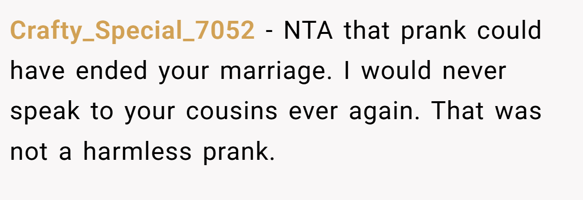Crafty_Special_7052 − NTA that prank could have ended your marriage. I would never speak to your cousins ever again. That was not a harmless prank.