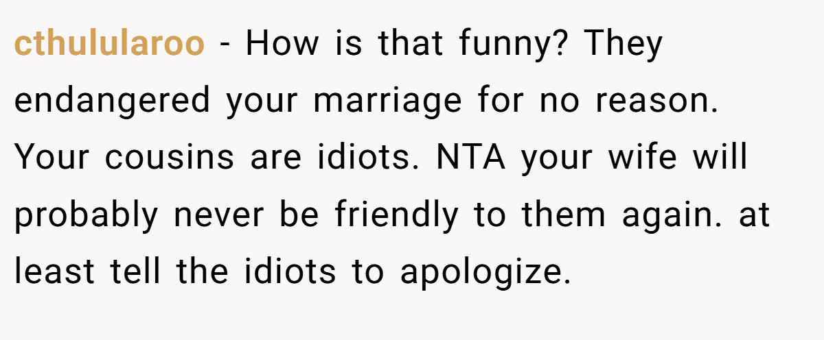 cthulularoo − How is that funny? They endangered your marriage for no reason. Your cousins are idiots. NTA your wife will probably never be friendly to them again. at least tell the idiots to apologize.