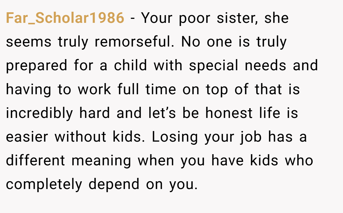 Far_Scholar1986 − Your poor sister, she seems truly remorseful. No one is truly prepared for a child with special needs and having to work full time on top of that is incredibly hard and let’s be honest life is easier without kids. Losing your job has a different meaning when you have kids who completely depend on you.