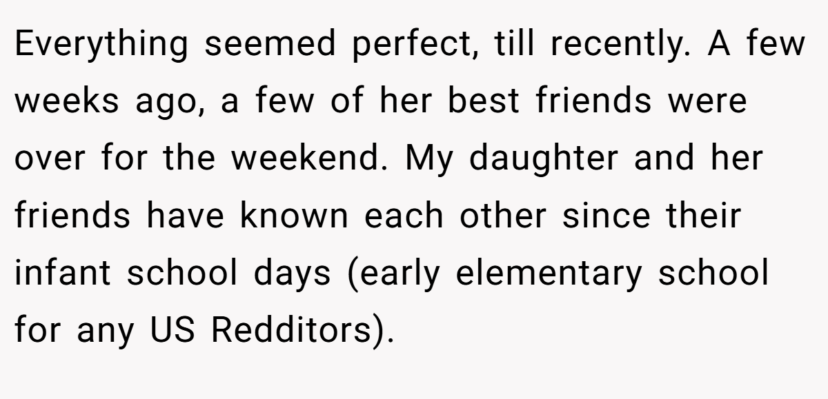 Everything seemed perfect, till recently. A few weeks ago, a few of her best friends were over for the weekend. My daughter and her friends have known each other since their infant school days (early elementary school for any US Redditors).