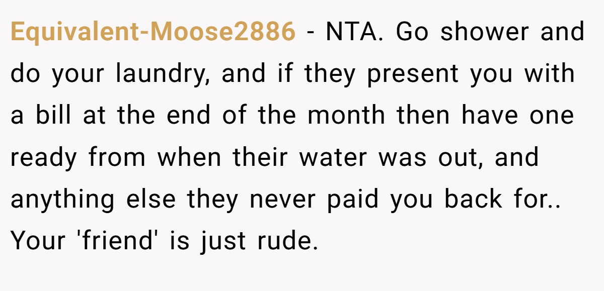 Equivalent-Moose2886 − NTA. Go shower and do your laundry, and if they present you with a bill at the end of the month then have one ready from when their water was out, and anything else they never paid you back for.. Your 'friend' is just rude.
