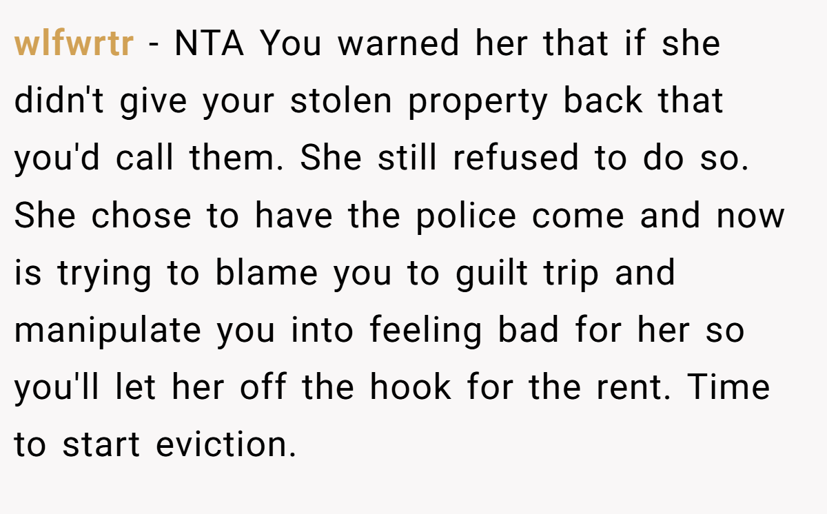 wlfwrtr − NTA You warned her that if she didn't give your stolen property back that you'd call them. She still refused to do so. She chose to have the police come and now is trying to blame you to guilt trip and manipulate you into feeling bad for her so you'll let her off the hook for the rent. Time to start eviction.