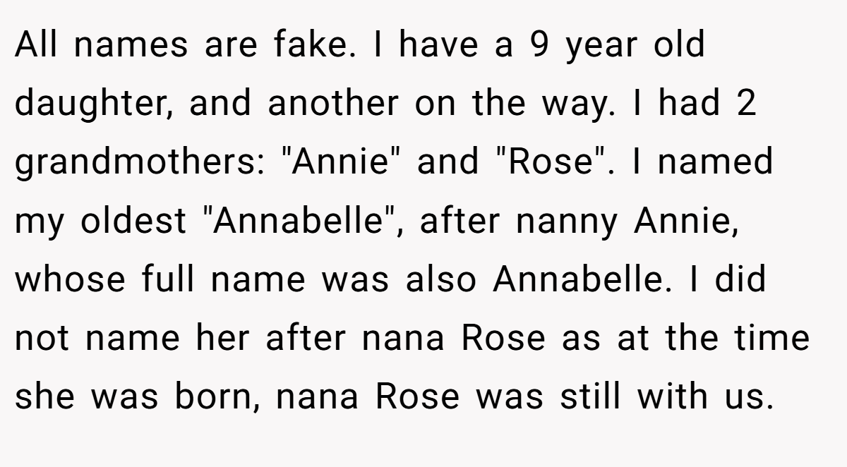 All names are fake. I have a 9 year old daughter, and another on the way. I had 2 grandmothers: 