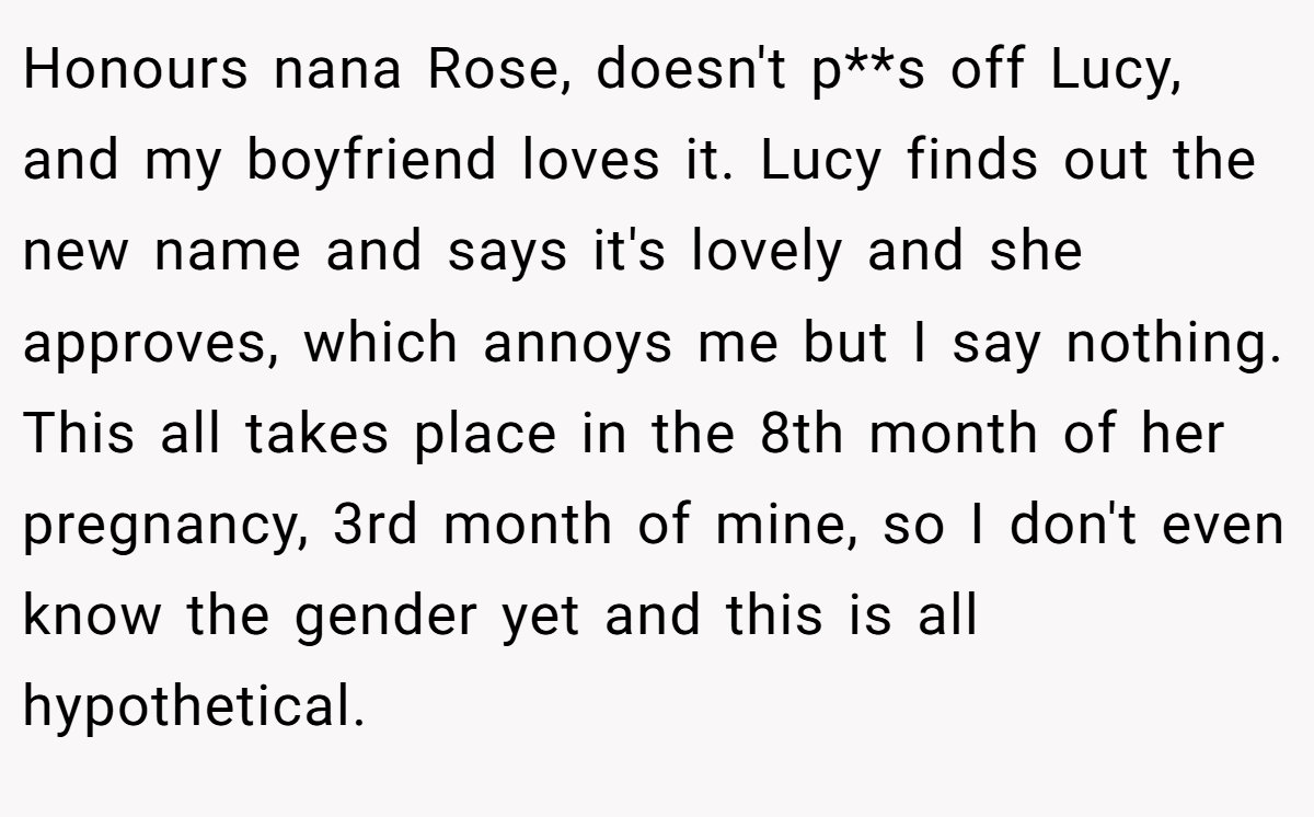 Honours nana Rose, doesn't p**s off Lucy, and my boyfriend loves it. Lucy finds out the new name and says it's lovely and she approves, which annoys me but I say nothing. This all takes place in the 8th month of her pregnancy, 3rd month of mine, so I don't even know the gender yet and this is all hypothetical.