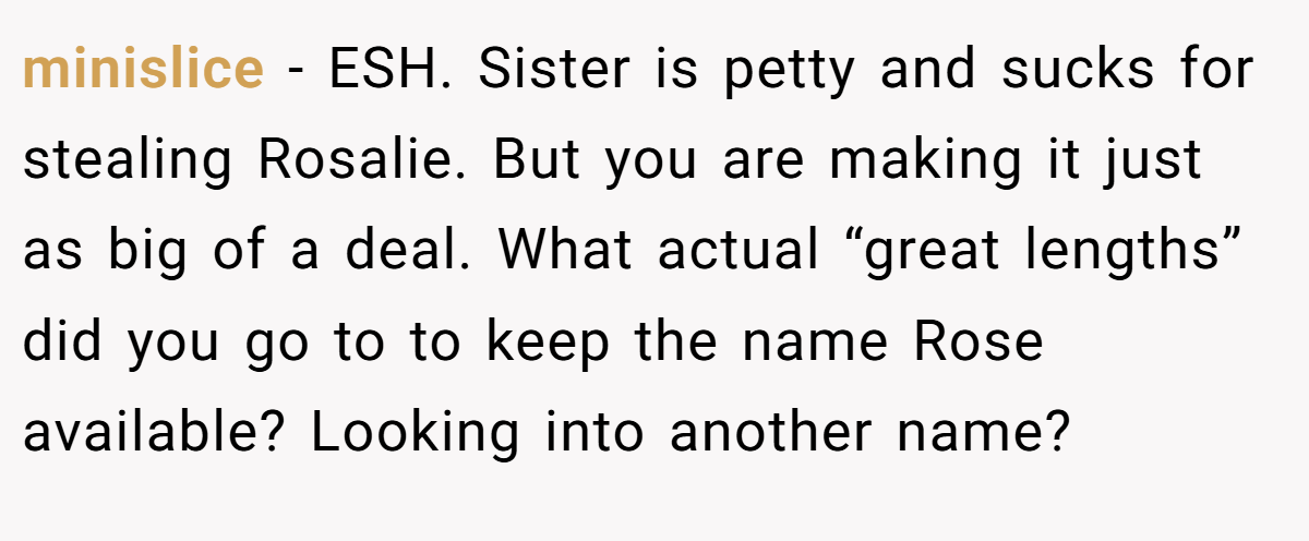 minislice − ESH. Sister is petty and sucks for stealing Rosalie. But you are making it just as big of a deal. What actual “great lengths” did you go to to keep the name Rose available? Looking into another name?