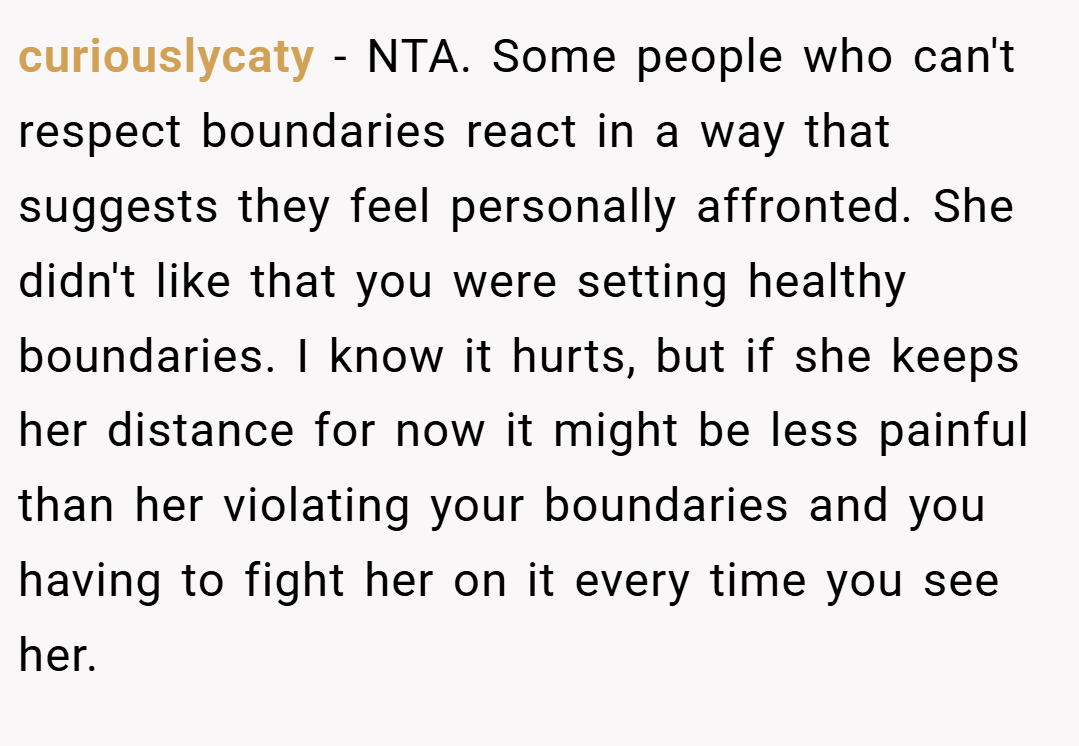 curiouslycaty − NTA. Some people who can't respect boundaries react in a way that suggests they feel personally affronted. She didn't like that you were setting healthy boundaries. I know it hurts, but if she keeps her distance for now it might be less painful than her violating your boundaries and you having to fight her on it every time you see her.