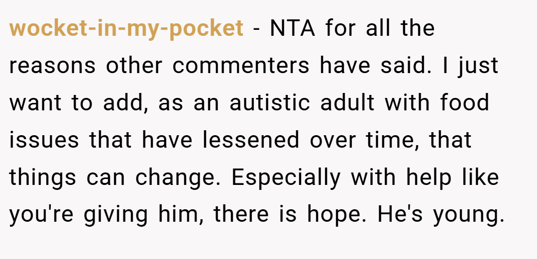 wocket-in-my-pocket − NTA for all the reasons other commenters have said. I just want to add, as an autistic adult with food issues that have lessened over time, that things can change. Especially with help like you're giving him, there is hope. He's young.