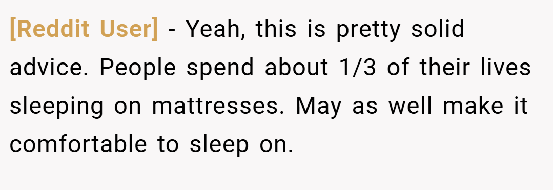 [Reddit User] − Yeah, this is pretty solid advice. People spend about 1/3 of their lives sleeping on mattresses. May as well make it comfortable to sleep on.