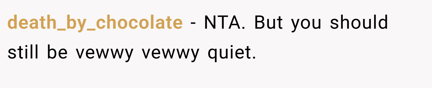 death_by_chocolate − NTA. But you should still be vewwy vewwy quiet.