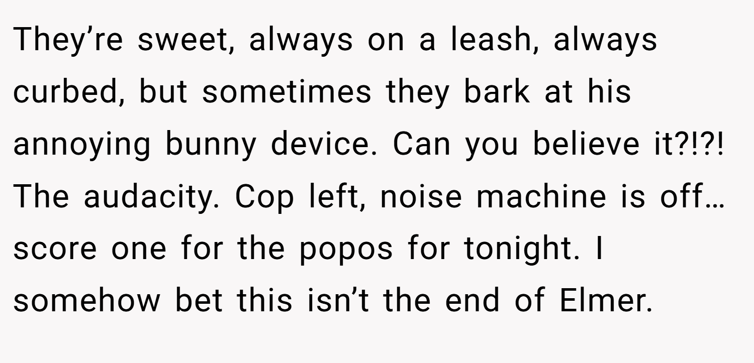 They’re sweet, always on a leash, always curbed, but sometimes they bark at his annoying bunny device. Can you believe it?!?! The audacity. Cop left, noise machine is off… score one for the popos for tonight. I somehow bet this isn’t the end of Elmer.