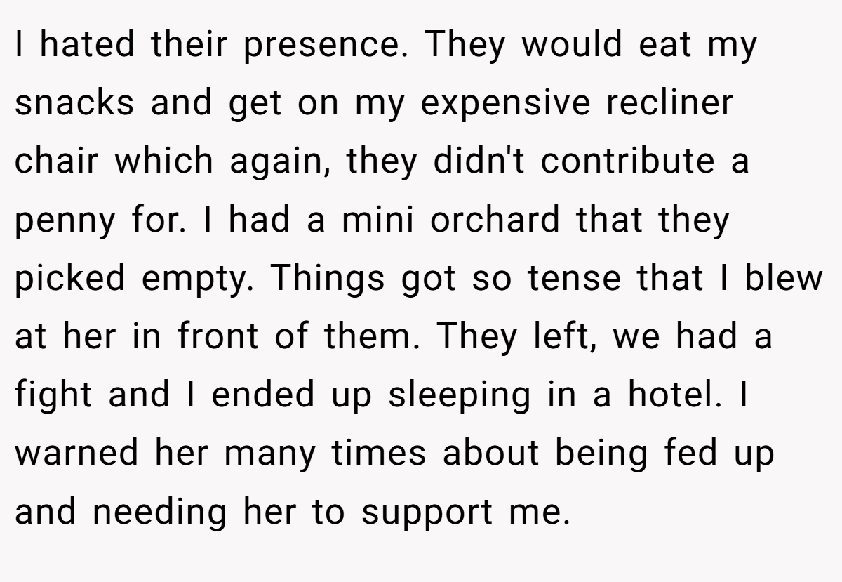 I hated their presence. They would eat my snacks and get on my expensive recliner chair which again, they didn't contribute a penny for. I had a mini orchard that they picked empty. Things got so tense that I blew at her in front of them. They left, we had a fight and I ended up sleeping in a hotel. I warned her many times about being fed up and needing her to support me.