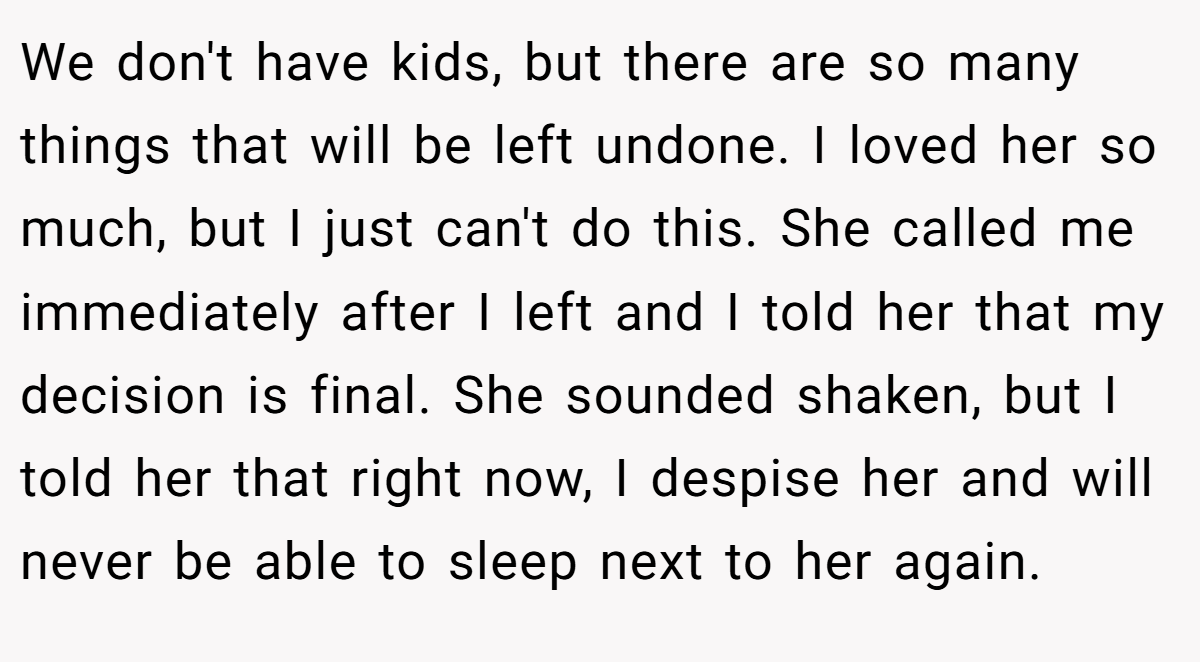 We don't have kids, but there are so many things that will be left undone. I loved her so much, but I just can't do this. She called me immediately after I left and I told her that my decision is final. She sounded shaken, but I told her that right now, I despise her and will never be able to sleep next to her again.