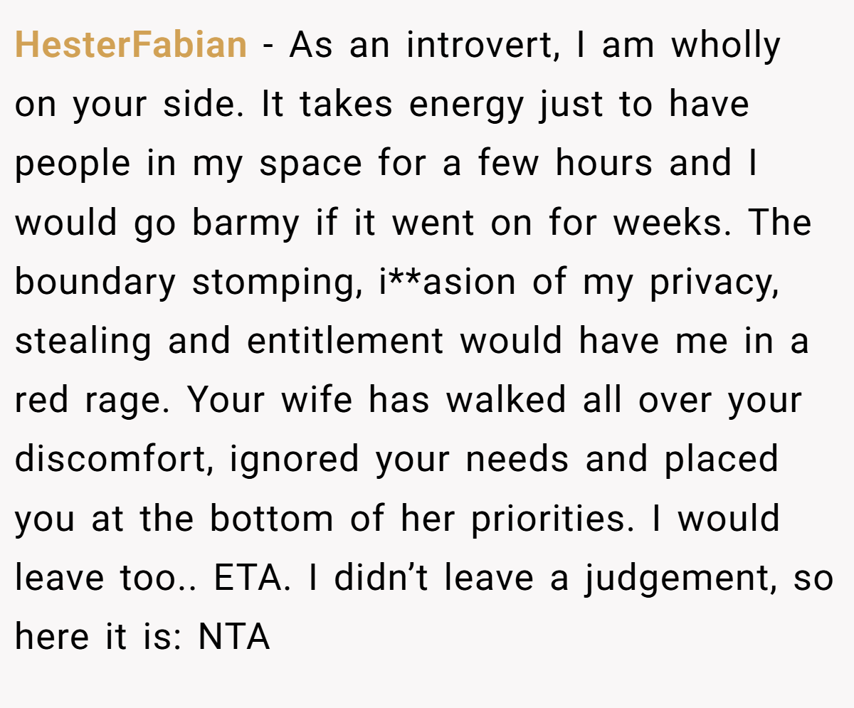 HesterFabian − As an introvert, I am wholly on your side. It takes energy just to have people in my space for a few hours and I would go barmy if it went on for weeks. The boundary stomping, i**asion of my privacy, stealing and entitlement would have me in a red rage. Your wife has walked all over your discomfort, ignored your needs and placed you at the bottom of her priorities. I would leave too.. ETA. I didn’t leave a judgement, so here it is: NTA