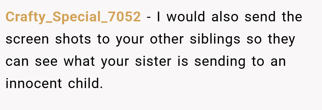Crafty_Special_7052 − I would also send the screen shots to your other siblings so they can see what your sister is sending to an innocent child.