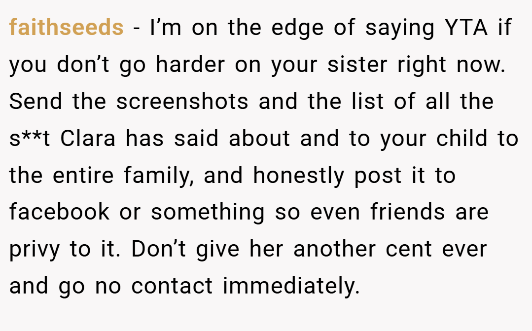 faithseeds − I’m on the edge of saying YTA if you don’t go harder on your sister right now. Send the screenshots and the list of all the s**t Clara has said about and to your child to the entire family, and honestly post it to facebook or something so even friends are privy to it. Don’t give her another cent ever and go no contact immediately.
