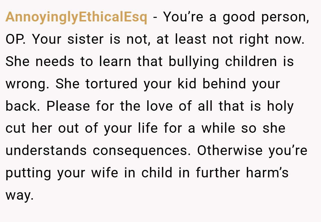 AnnoyinglyEthicalEsq − You’re a good person, OP. Your sister is not, at least not right now. She needs to learn that bullying children is wrong. She tortured your kid behind your back. Please for the love of all that is holy cut her out of your life for a while so she understands consequences. Otherwise you’re putting your wife in child in further harm’s way.