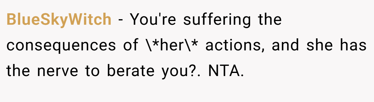 BlueSkyWitch − You're suffering the consequences of \*her\* actions, and she has the nerve to berate you?. NTA.