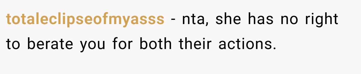 totaleclipseofmyasss − nta, she has no right to berate you for both their actions.