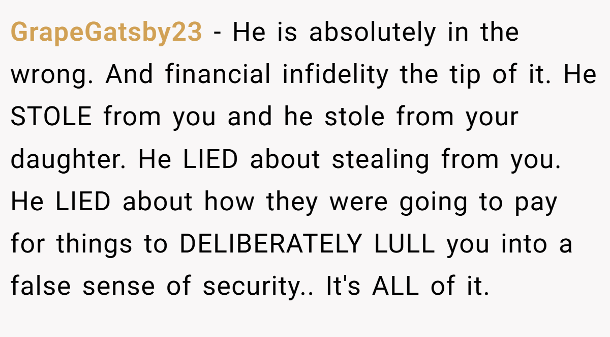 GrapeGatsby23 − He is absolutely in the wrong. And financial infidelity the tip of it. He STOLE from you and he stole from your daughter. He LIED about stealing from you. He LIED about how they were going to pay for things to DELIBERATELY LULL you into a false sense of security.. It's ALL of it.
