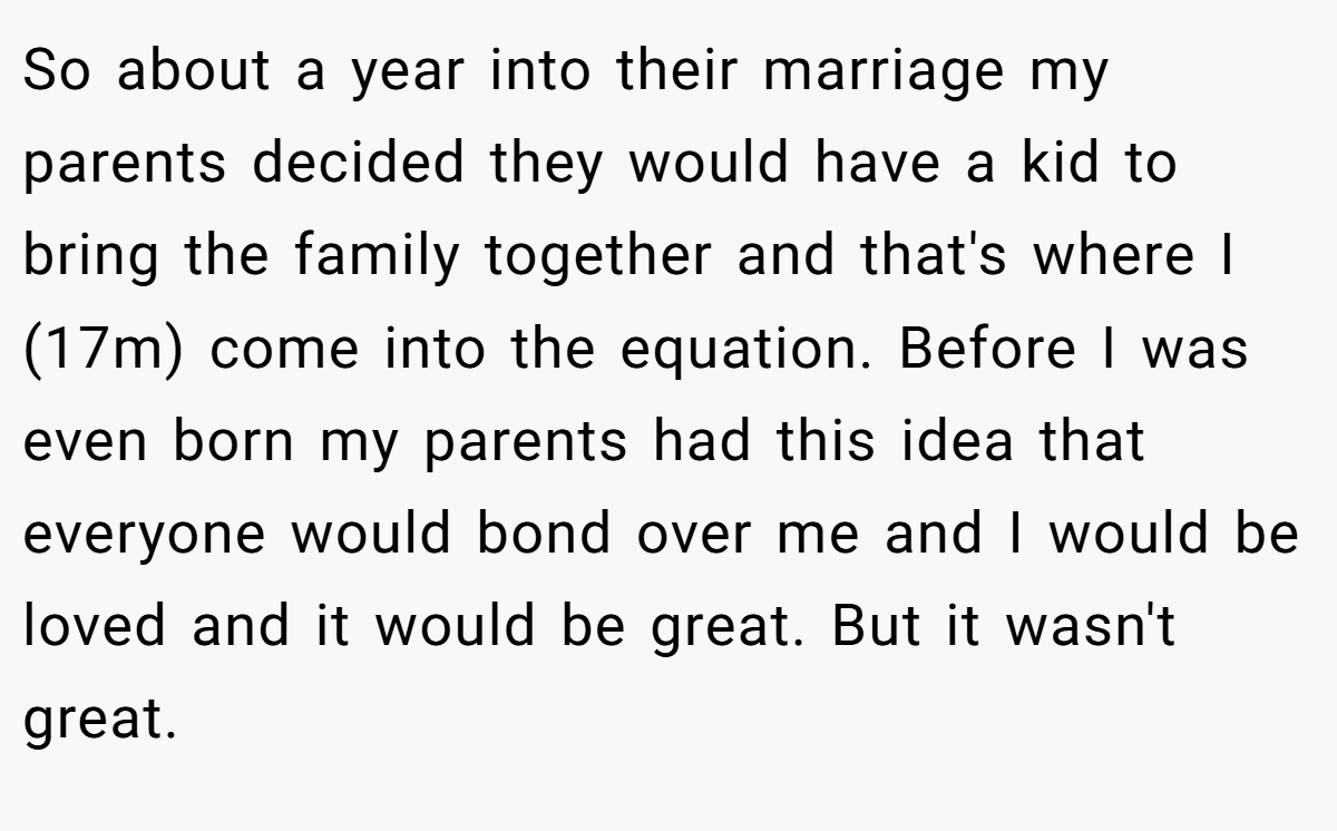 So about a year into their marriage my parents decided they would have a kid to bring the family together and that's where I (17m) come into the equation. Before I was even born my parents had this idea that everyone would bond over me and I would be loved and it would be great. But it wasn't great.