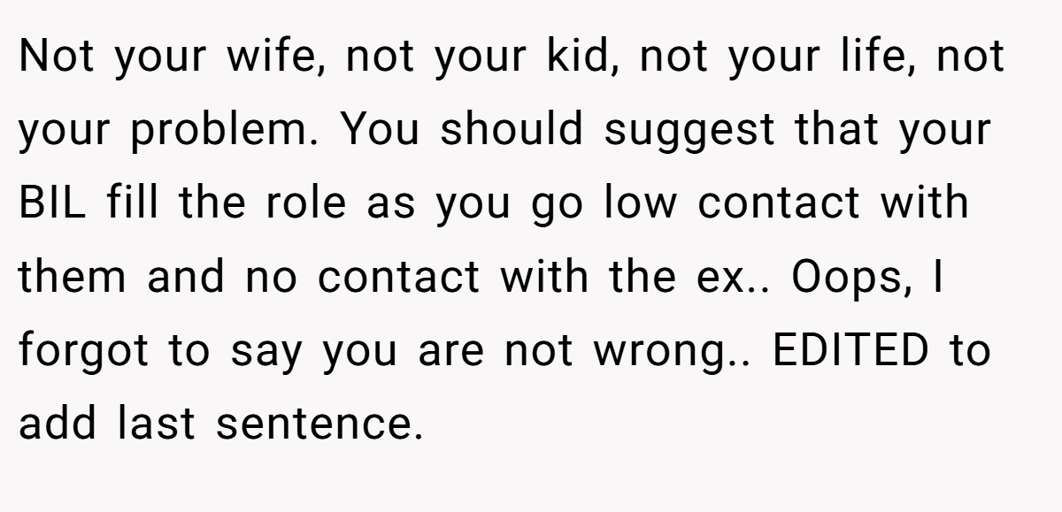 Not your wife, not your kid, not your life, not your problem. You should suggest that your BIL fill the role as you go low contact with them and no contact with the ex.. Oops, I forgot to say you are not wrong.. EDITED to add last sentence.